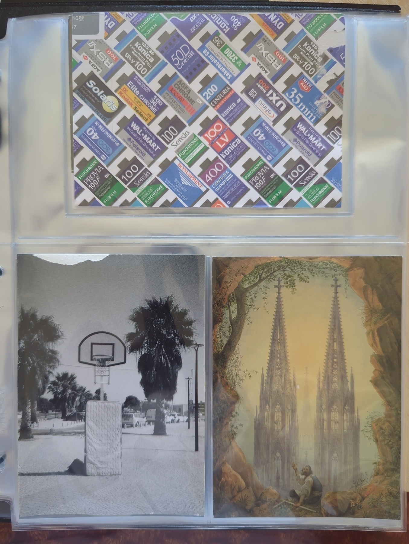 A collection of three photographs shows a montage of various designs, a black-and-white image of a basketball hoop with palm trees, and a colored illustration of a Gothic-style cathedral surrounded by a lush forest.