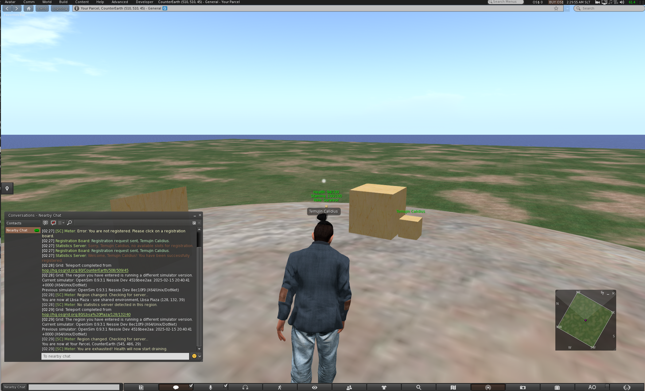 A virtual environment screenshot shows an avatar standing on a platform with boxes scattered nearby, overlooking a landscape and ocean in the distance.