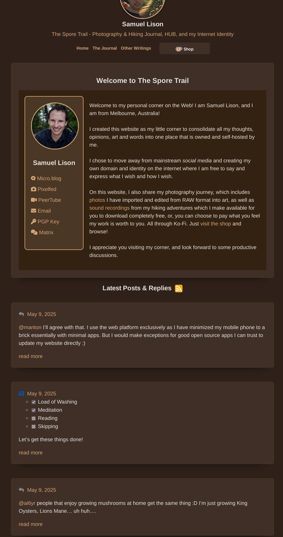A personal blog page features an introductory section about Samuel Lison, a sidebar with links, and recent posts, all set against a brown-themed background.