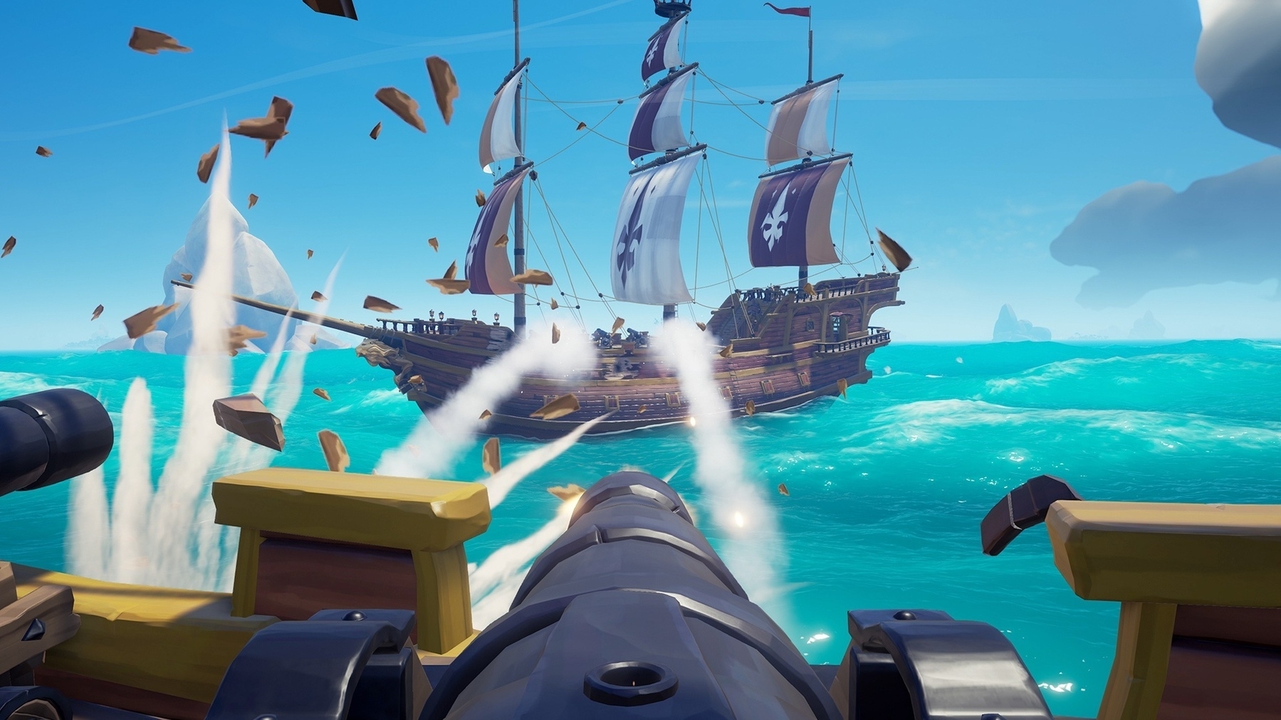 Auto-generated description: A pirate ship is being fired upon by cannons in a vibrant ocean setting.