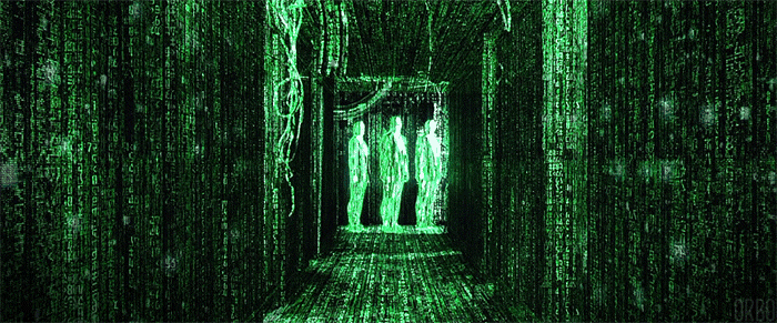 Scene from the Matrix movie where Neo enlightens and sees everything, including himself, in code.